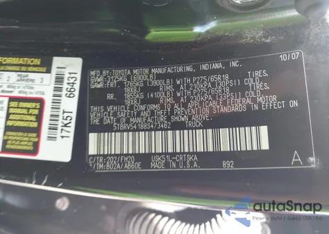 2008 Toyota Tundra Sr5 5.7L V8 из США, поврежденный, VIN 5TBRV54188S473462